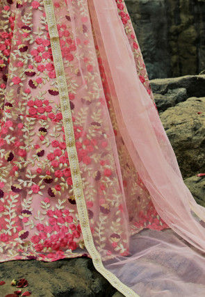 Embroidered Net Lehenga in Pink