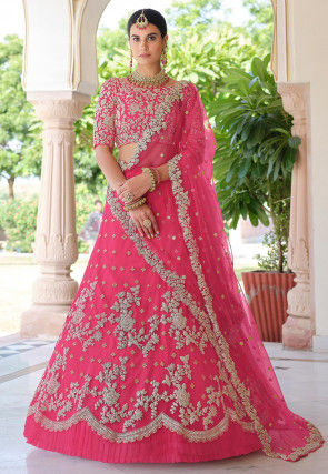 Embroidered Net Lehenga in Pink