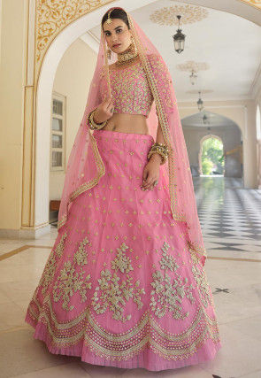 Embroidered Net Lehenga in Pink