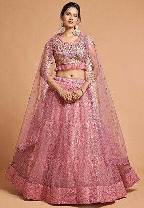 Embroidered Net Lehenga in Pink