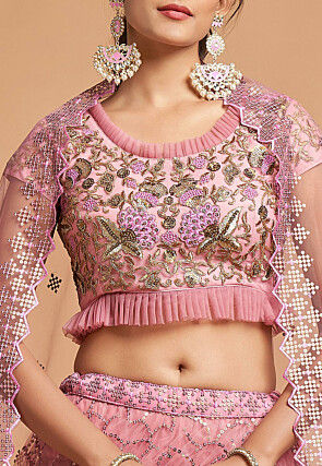 Embroidered Net Lehenga in Pink