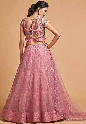 Embroidered Net Lehenga in Pink