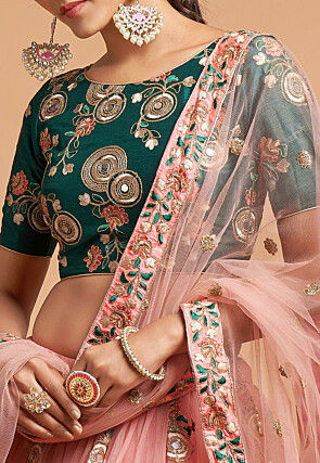 Embroidered Net Lehenga in Pink