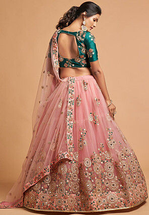 Embroidered Net Lehenga in Pink