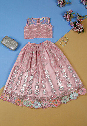 Embroidered Net Lehenga in Pink