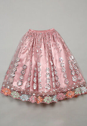 Embroidered Net Lehenga in Pink