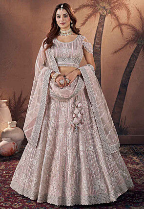 Embroidered Net Lehenga in Pink