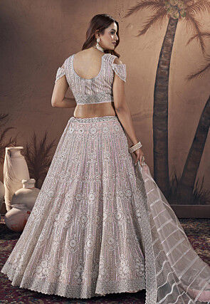 Embroidered Net Lehenga in Pink