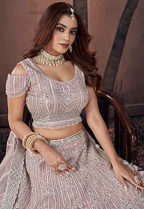 Embroidered Net Lehenga in Pink