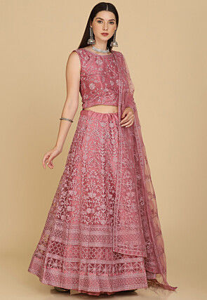 Embroidered Net Lehenga in Pink