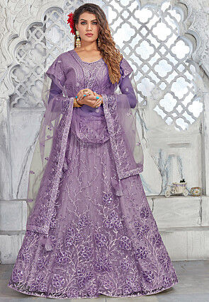 Embroidered Net Lehenga in Purple