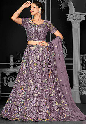 Embroidered Net Lehenga in Purple