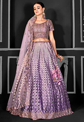 Embroidered Net Lehenga in Purple