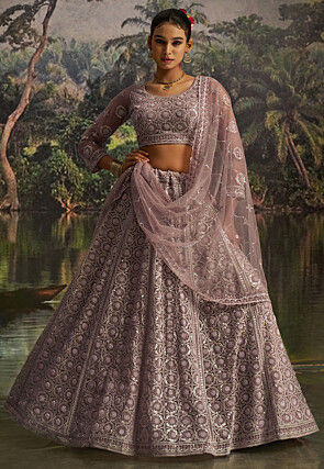 Embroidered Net Lehenga in Purple