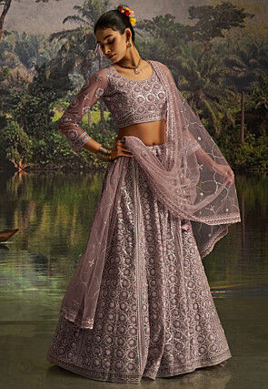 Embroidered Net Lehenga in Purple