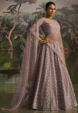 Embroidered Net Lehenga in Purple