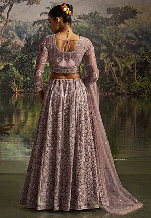 Embroidered Net Lehenga in Purple