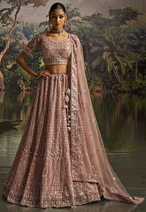 Embroidered Net Lehenga in Purple