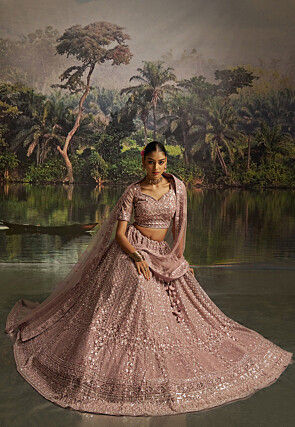 Embroidered Net Lehenga in Purple