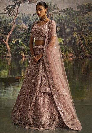 Embroidered Net Lehenga in Purple