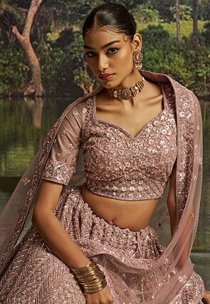 Embroidered Net Lehenga in Purple