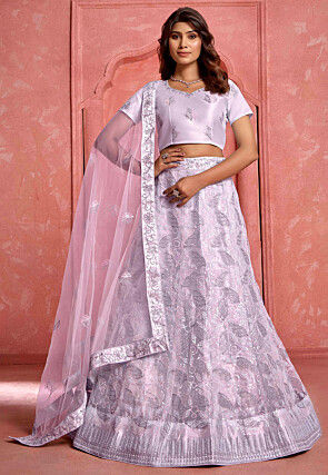 Embroidered Net Lehenga in Purple