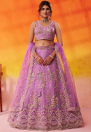 Embroidered Net Lehenga in Purple