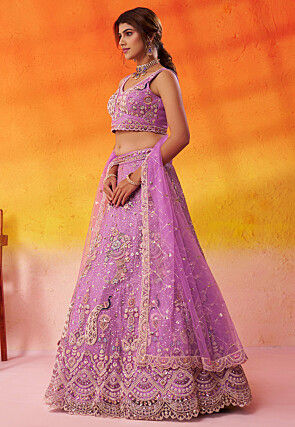 Embroidered Net Lehenga in Purple