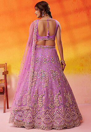 Embroidered Net Lehenga in Purple