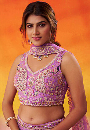 Embroidered Net Lehenga in Purple