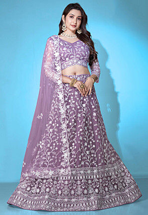 Embroidered Net Lehenga in Purple