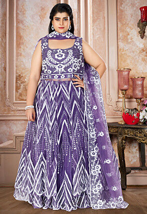 Embroidered Net Lehenga in Purple