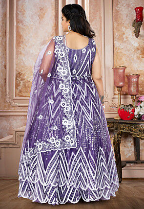 Embroidered Net Lehenga in Purple