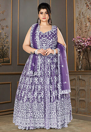 Embroidered Net Lehenga in Purple