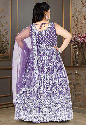 Embroidered Net Lehenga in Purple