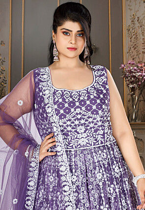 Embroidered Net Lehenga in Purple