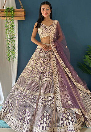 Embroidered Net Lehenga in Purple