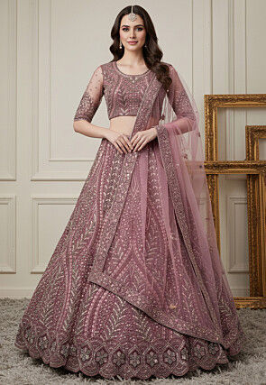Embroidered Net Lehenga in Purple