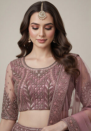 Embroidered Net Lehenga in Purple