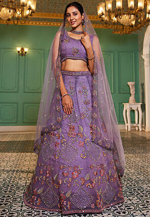 Embroidered Net Lehenga in Purple