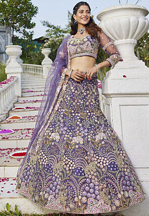Embroidered Net Lehenga in Purple