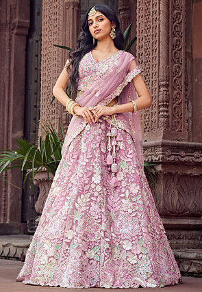 Embroidered Net Lehenga in Purple