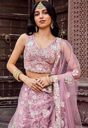 Embroidered Net Lehenga in Purple