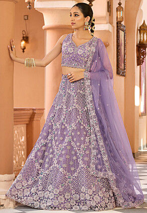 Embroidered Net Lehenga in Purple
