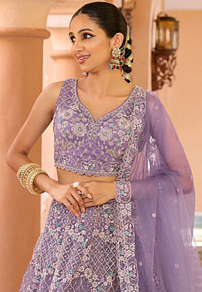 Embroidered Net Lehenga in Purple