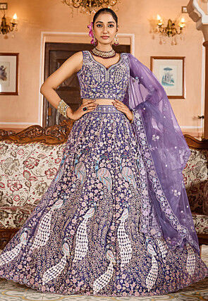 Embroidered Net Lehenga in Purple