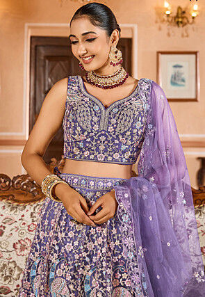 Embroidered Net Lehenga in Purple