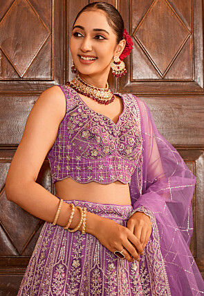 Embroidered Net Lehenga in Purple