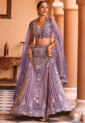 Embroidered Net Lehenga in Purple