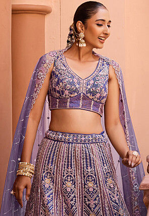 Embroidered Net Lehenga in Purple